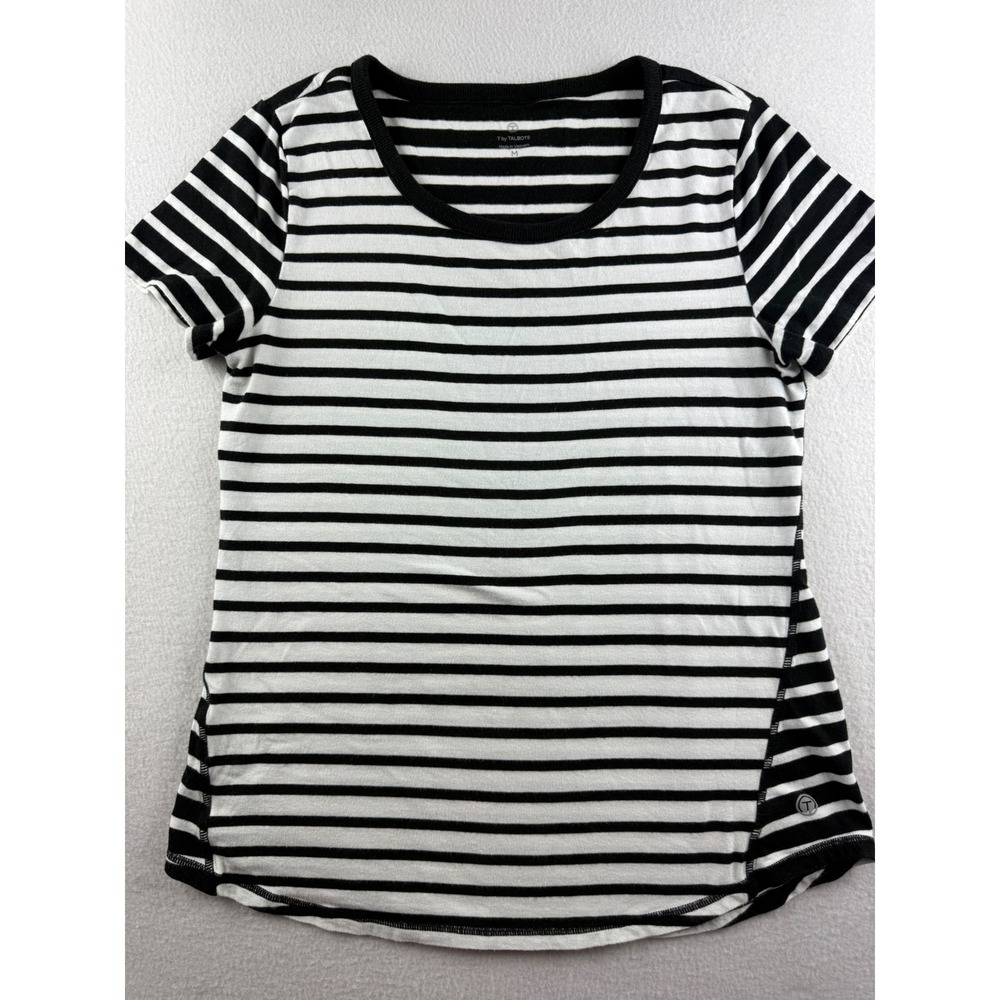 T by Talbots Womens Black White Striped Short Sleeve Cotton‎ Modal Tee Shirt M